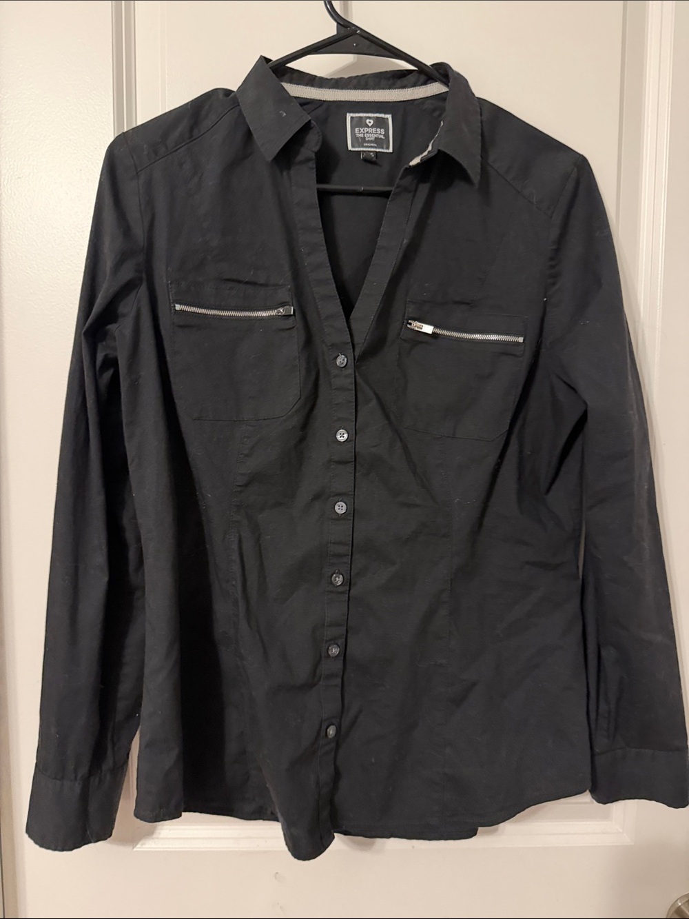 Express Black Button-Front Shirt with Zip Chest Pockets
